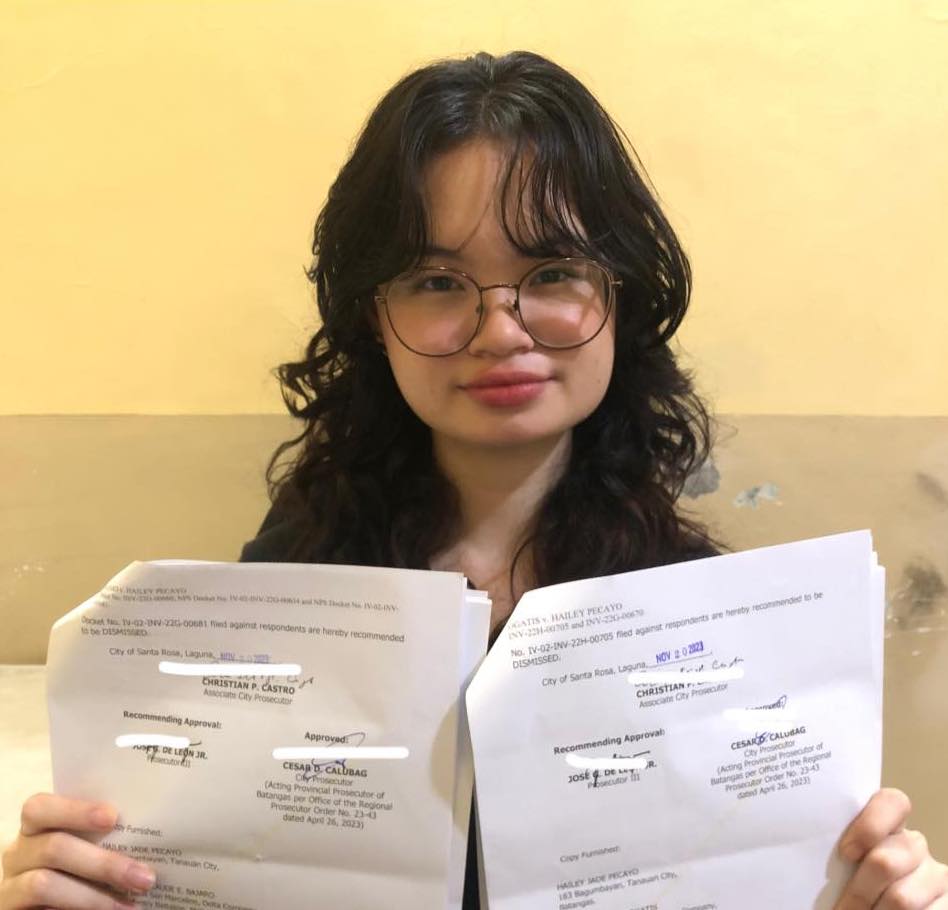 The fabricated cases filed against human rights activist Hailey Pecayo under RA 11479 and RA 9851 were dismissed.