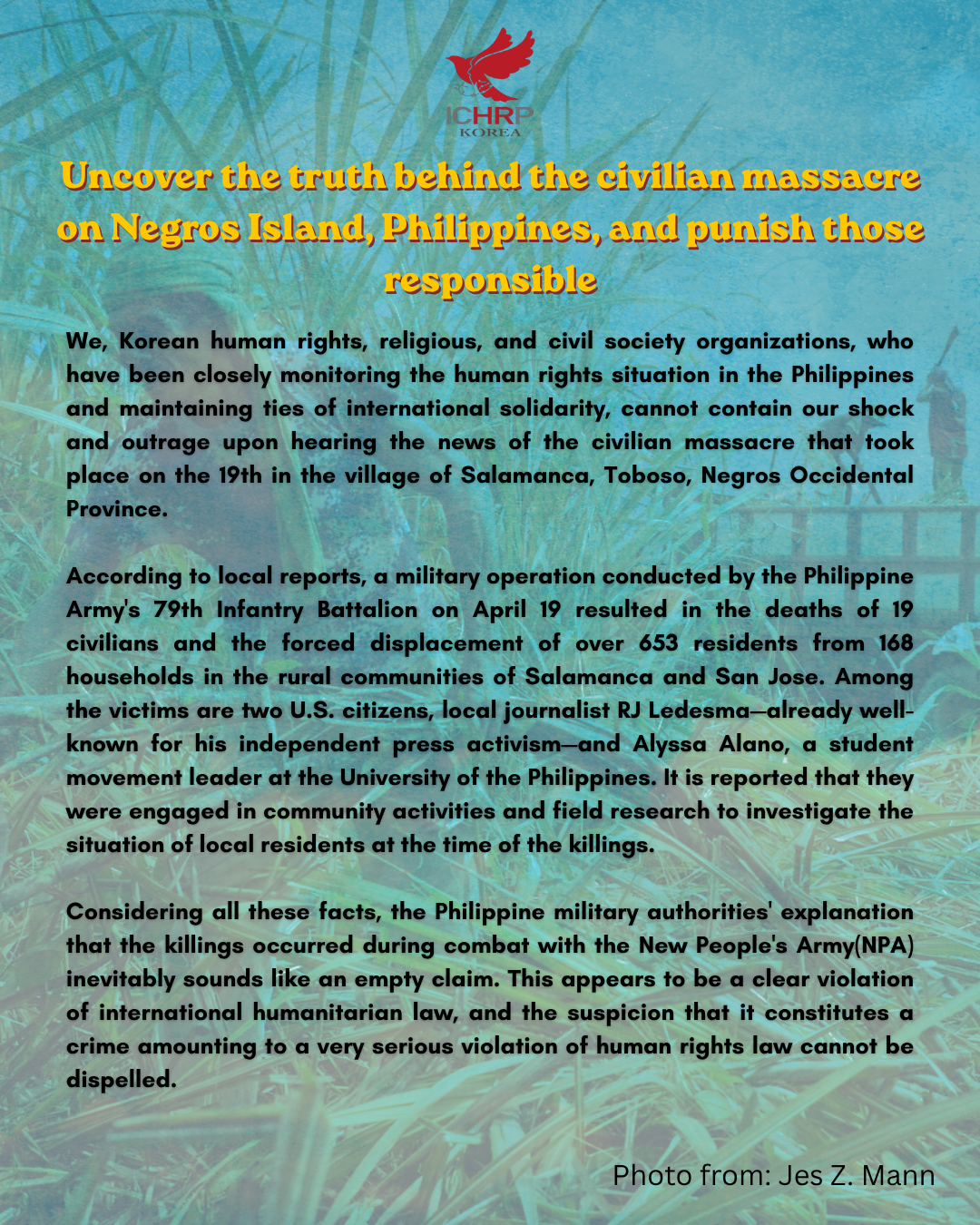 Uncover the truth behind the civilian massacre on Negros Island, Philippines, and punish those responsible [ICHRP KOREA]
