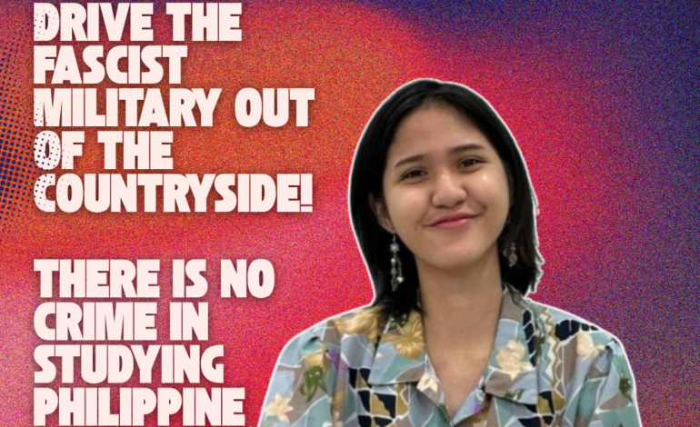 RELEASE CEEKA GARZON NOW! DRIVE THE FASCIST MILITARY OUT OF THE COUNTRYSIDE! THERE IS NO CRIME IN STUDYING PHILIPPINE SOCIETY!