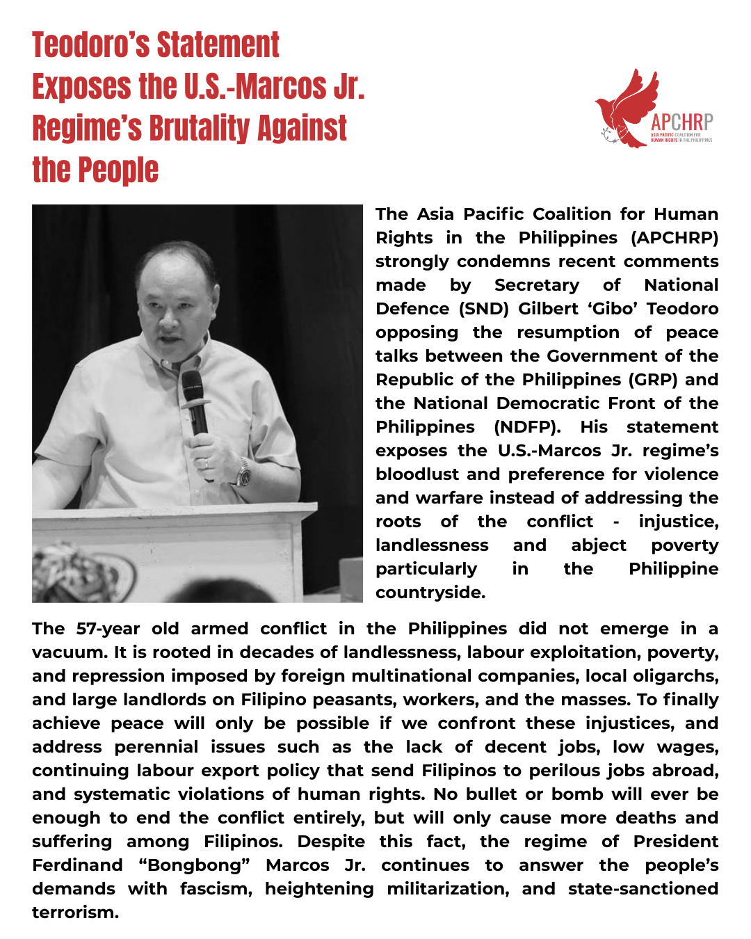 Teodoro’s Statement Exposes the U.S.-Marcos Jr. Regime’s Brutality Against the People