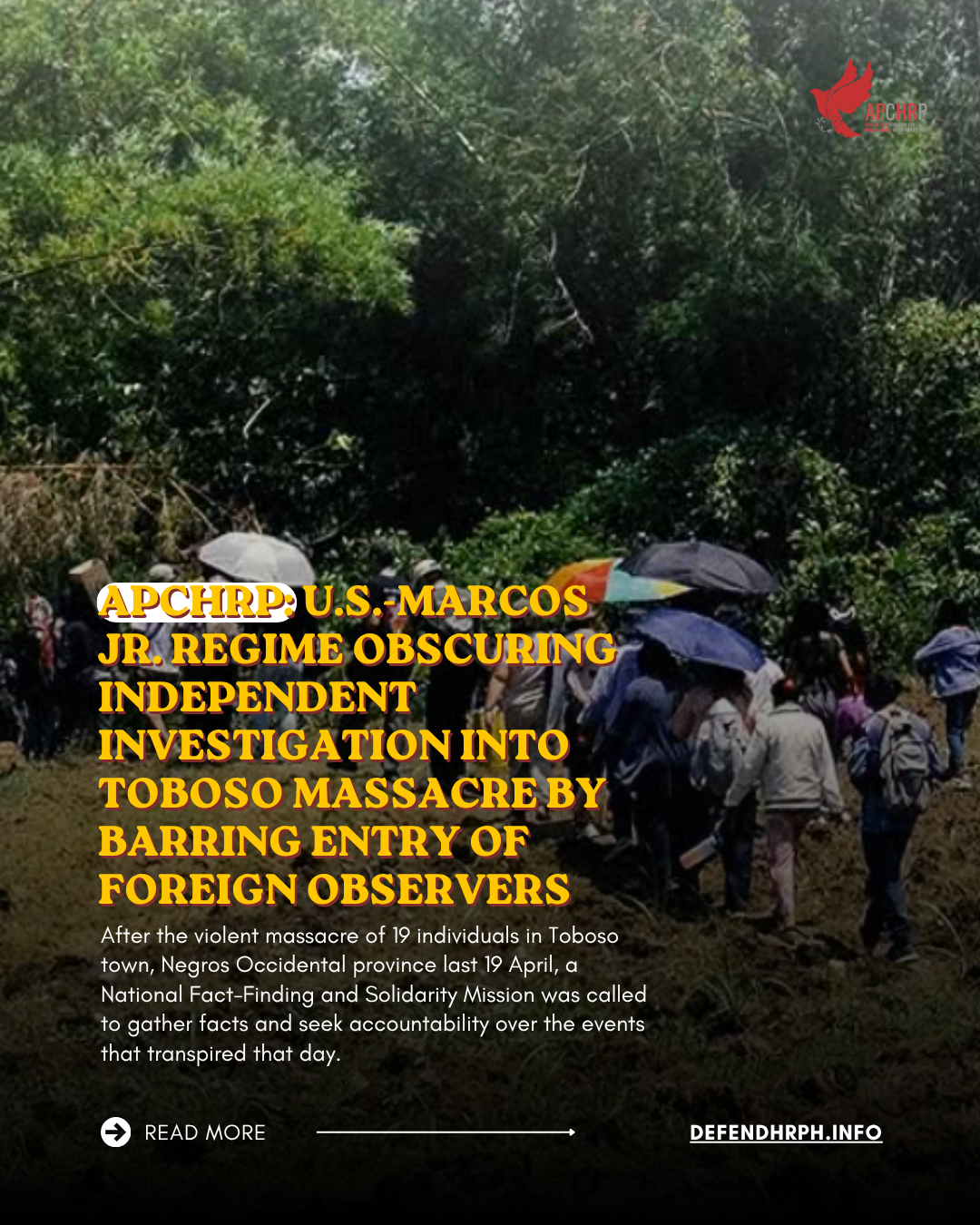 APCHRP: U.S.-Marcos Jr. regime obscuring independent investigation into Toboso Massacre by barring entry of foreign observers
