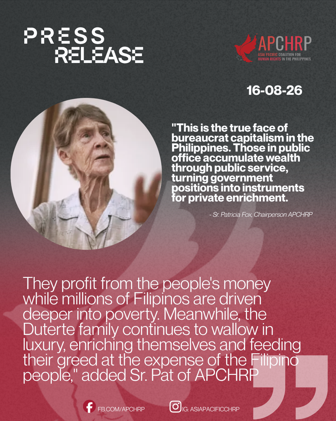 The Asia Pacific Coalition for Human Rights in the Philippines (APCHRP) stands in unwavering solidarity with the Filipino people’s demand to hold Vice President Sara Duterte accountable through the impeachment process.