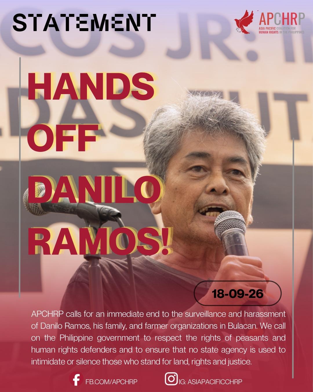 APCHRP CONDEMNS HARASSMENT OF PEASANT LEADER DANILO RAMOS