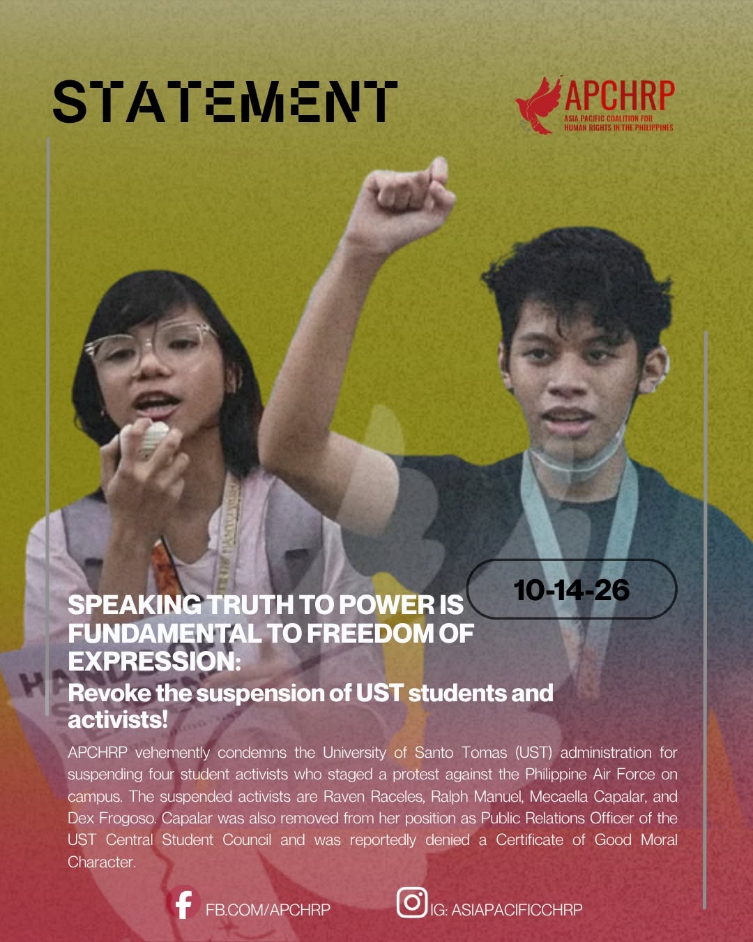 SPEAKING TRUTH TO POWER IS FUNDAMENTAL TO FREEDOM OF EXPRESSION: Revoke the suspension of UST students and activists!